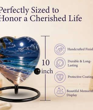 Beach Sunset Heart Cremation Urn for Ashes, Moonlit Ocean Urn, Personalized Coastal Urn