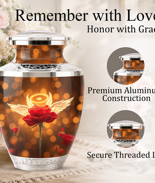 Red Rose Angel Cremation Urn for Ashes, Funeral Flower Memorial Urn for Adults