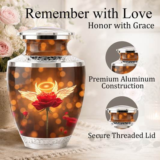 Red Rose Angel Cremation Urn for Ashes, Funeral Flower Memorial Urn for Adults
