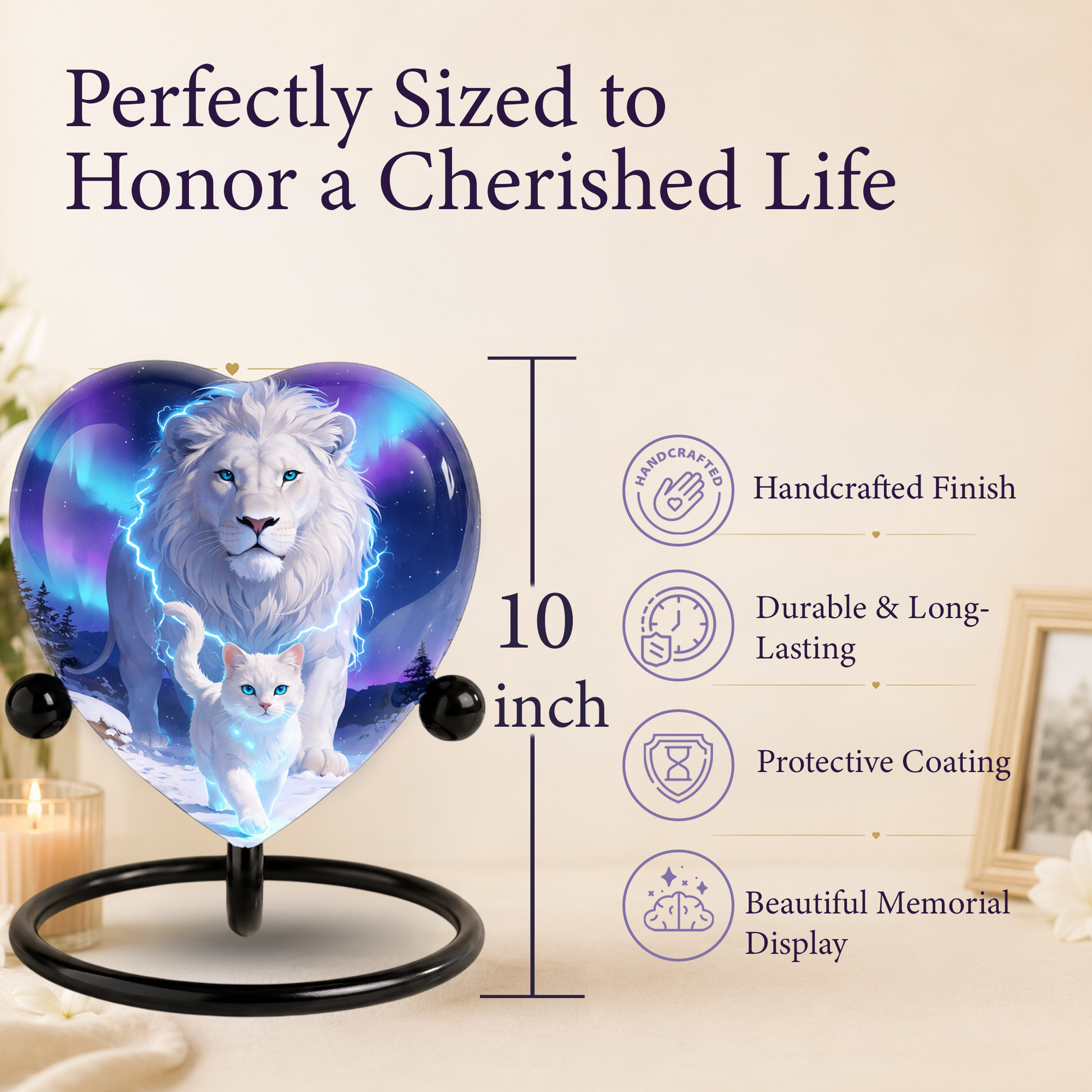 White Lion and White Cat Heart Memorial Urn – Adult Urn, Urns for Adult Ashes