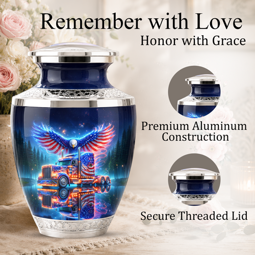 American Truck Cremation Urn for Dad, Truck Driver Patriotic Semi Truck Memorial Keepsake Urn