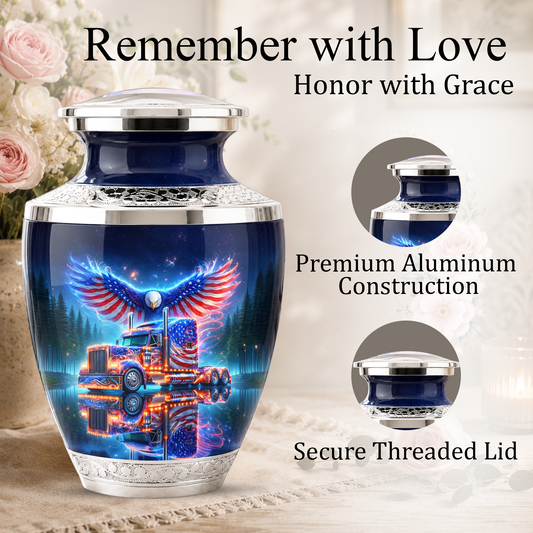American Truck Cremation Urn for Dad, Truck Driver Patriotic Semi Truck Memorial Keepsake Urn