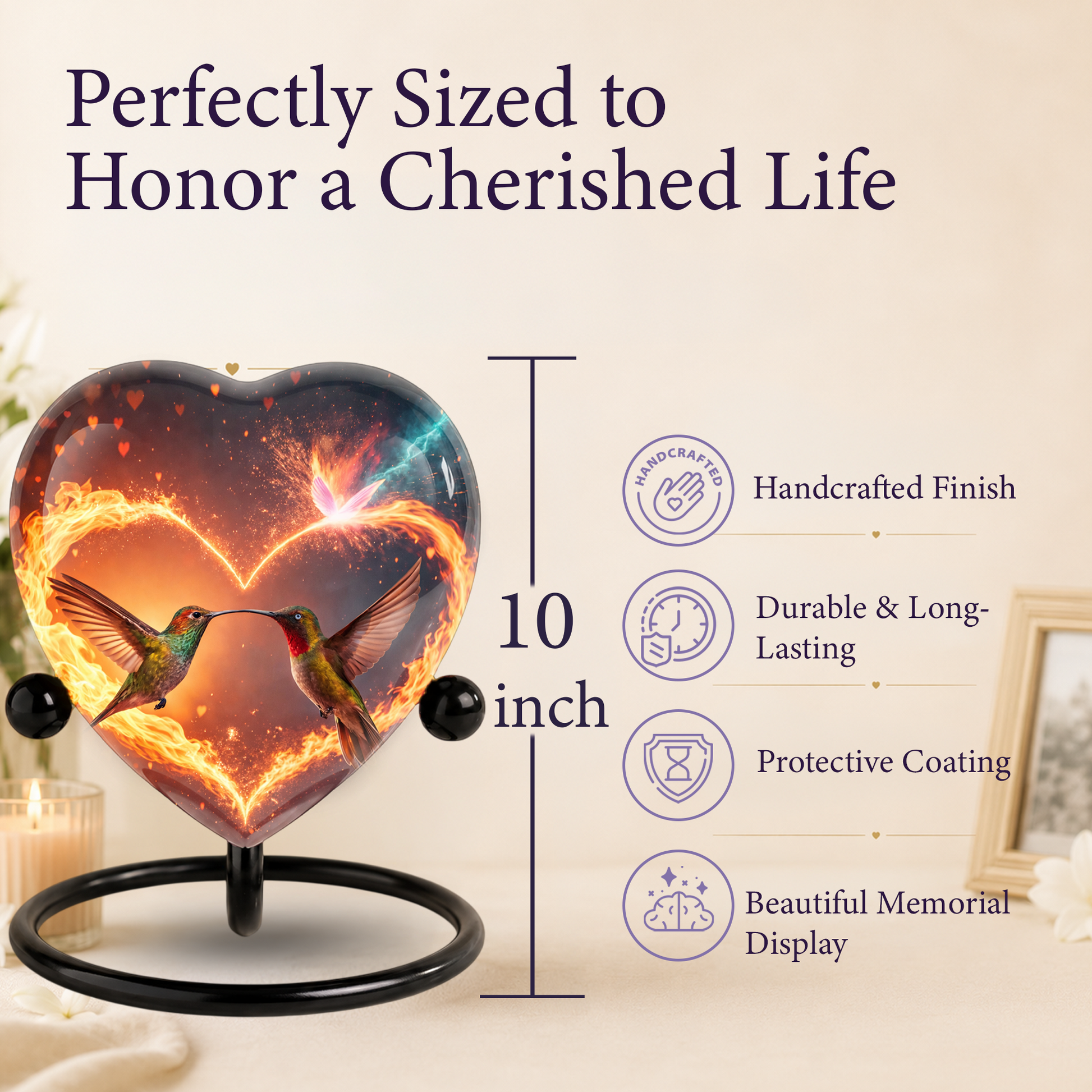 Heart-Shaped Adult Cremation Urn with Hummingbird Memorial Design – Beautiful Memorial Urn for Ashes