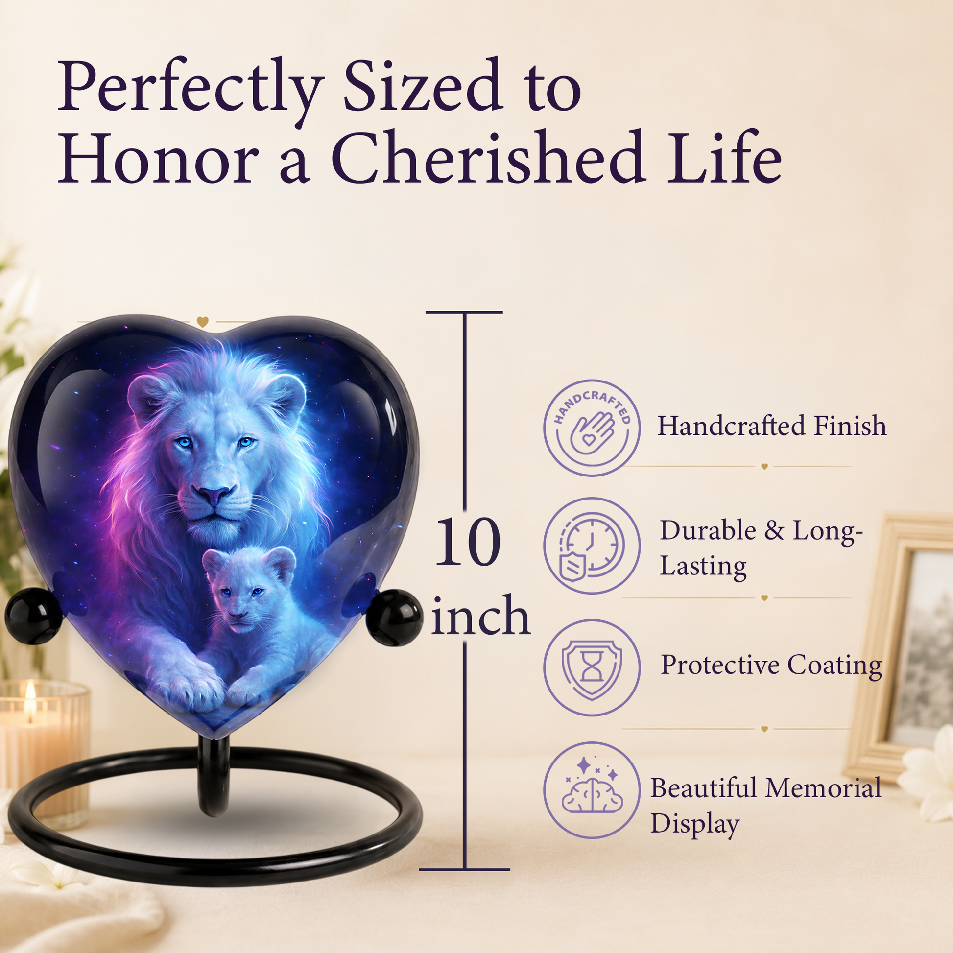 White Lion and Lion Cub Heart Memorial Urn – Adult Urn, Urns for Adult Ashes