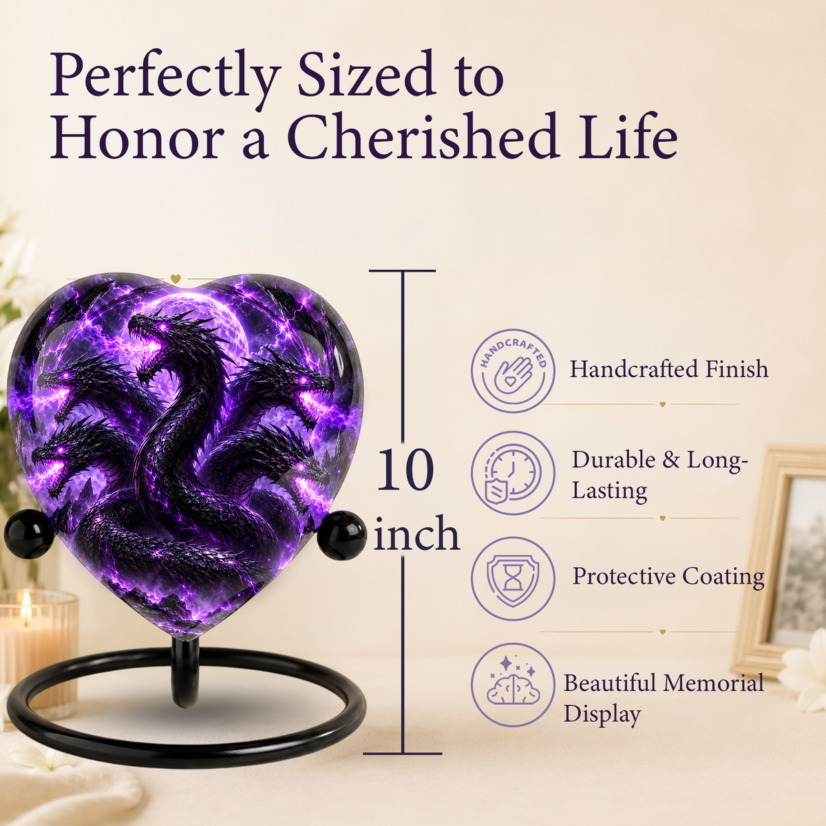 Five Headed Dragon Adult Cremation Urn for Ashes, Purple Dragon Memorial Urn, Fantasy Dragon Urn, Personalized Heart Shaped Adult Urn