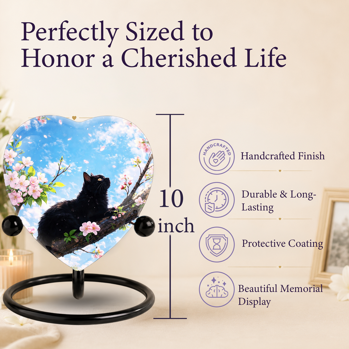Black Cat Cherry Blossom Heart Memorial Urn – Personalised Cat Urn for Ashes,Cat Memorial Keepsake