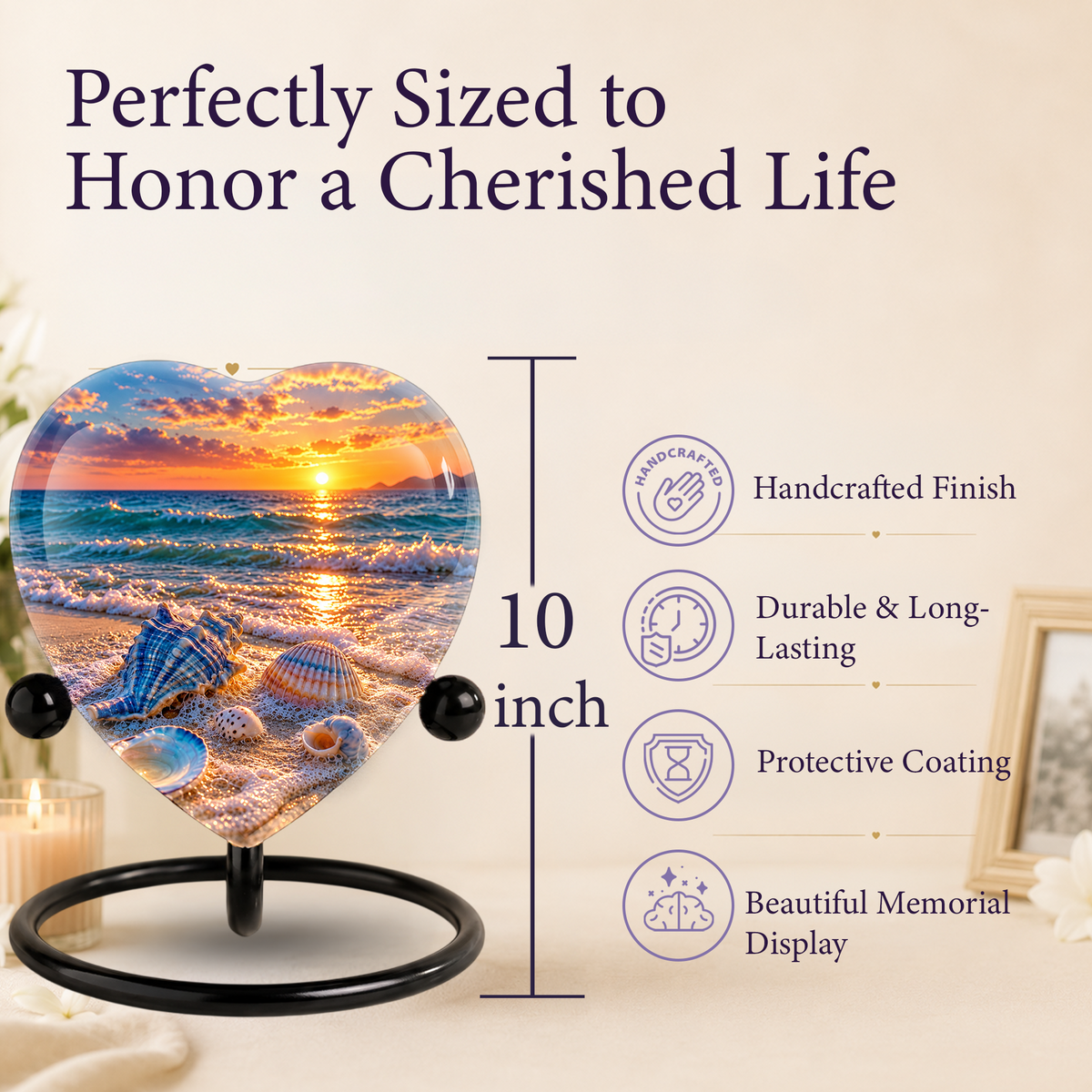 Seashell Beach Cremation Urn for Ashes, Ocean Sunset Memorial Urn, Seashell Urn, Coastal Heart Shaped Cremation Urn