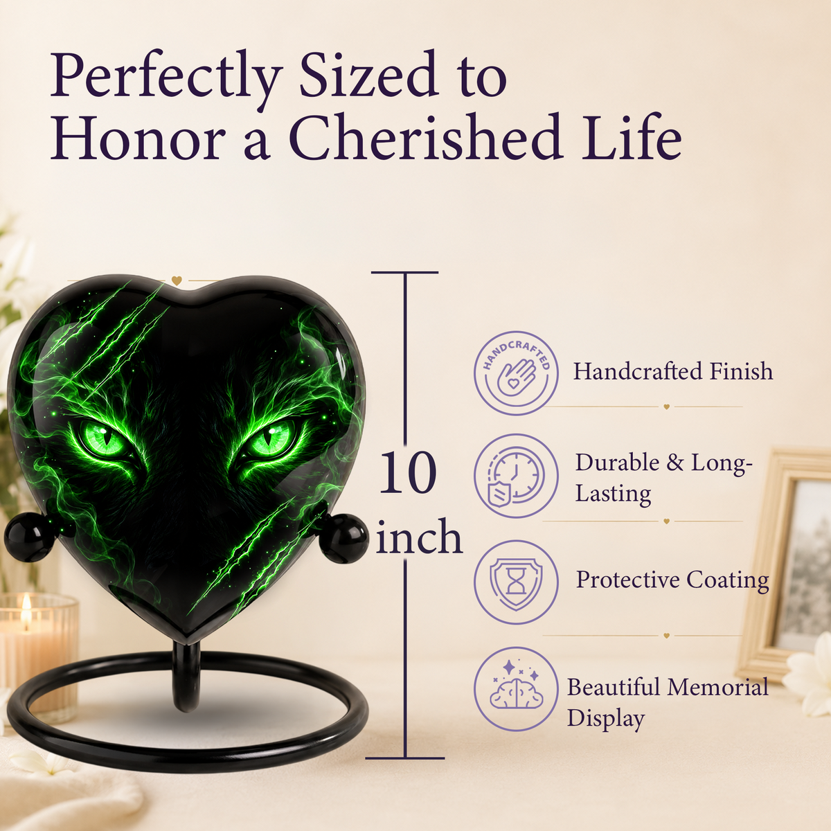 Green Cat Adult Cremation Urn for Ashes, Black Cat Memorial Urn, Gothic Cat Personalized Adult Urn, Heart Shaped Cremation Urn