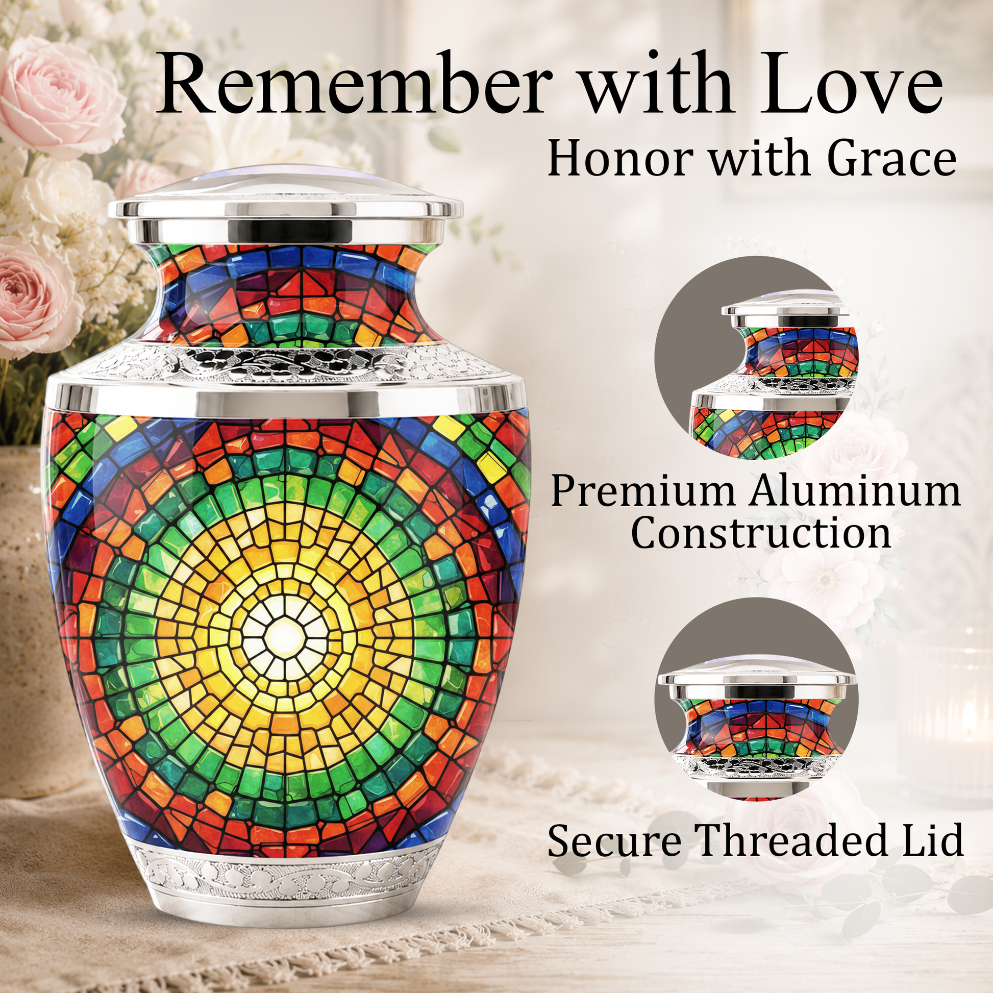 Stained Glass Cremation Urn for Human Ashes, Personalized Memorial Urn for Adult