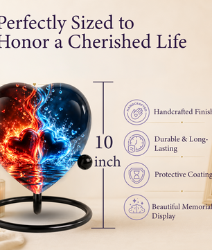 Heart Shaped Red and Blue Hearts Urn for Ashes, Flame Cremation Urn, Romantic Love Memorial Urn for Human Ashes