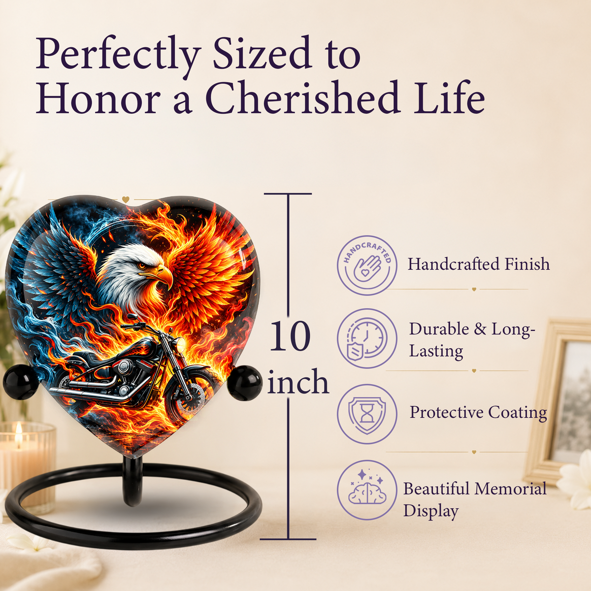 Heart Shaped Eagle Motorcycle Urn for Ashes, Phoenix Fire Cremation Urn, Biker Memorial Urn for Human Ashes