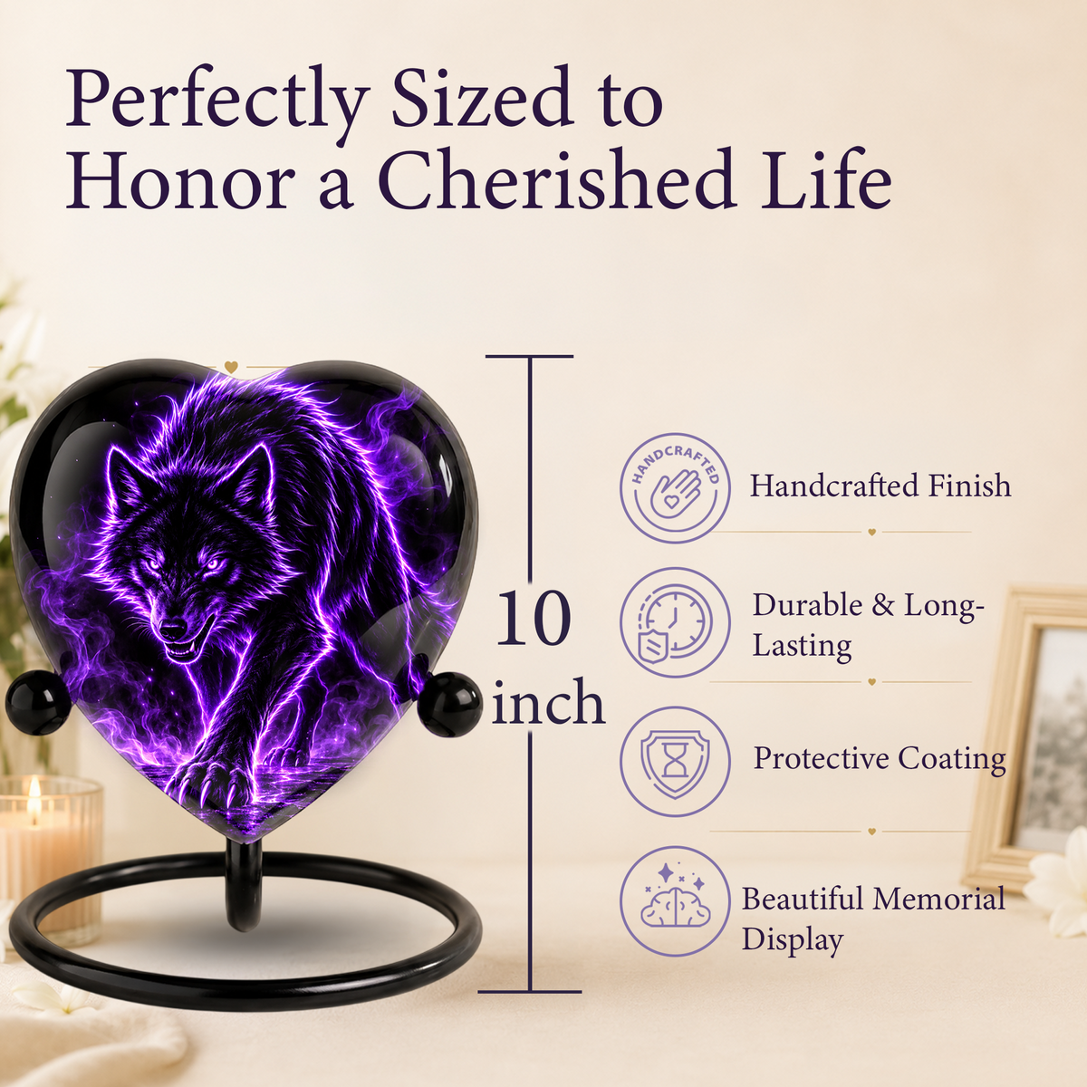 Purple Wolf Adult Cremation Urn for Ashes, Black Wolf Memorial Urn, Personalized Heart Shaped Adult Urn, Wolf Cremation Urn