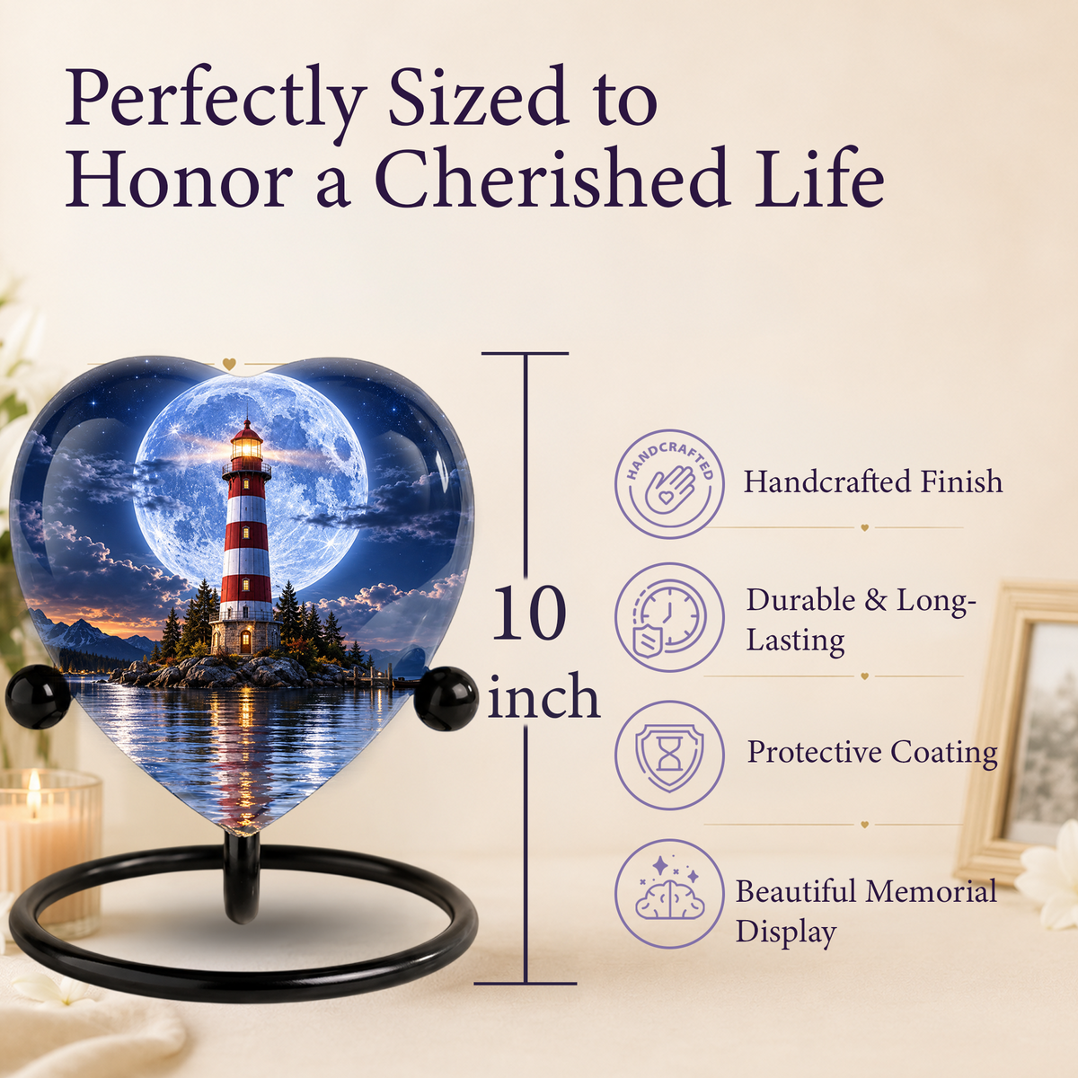 Lighthouse Adult Cremation Urn for Ashes, Personalized Ocean Memorial Urn, Moonlight Lighthouse Urn, Coastal Adult Urn, Heart Cremation Urn