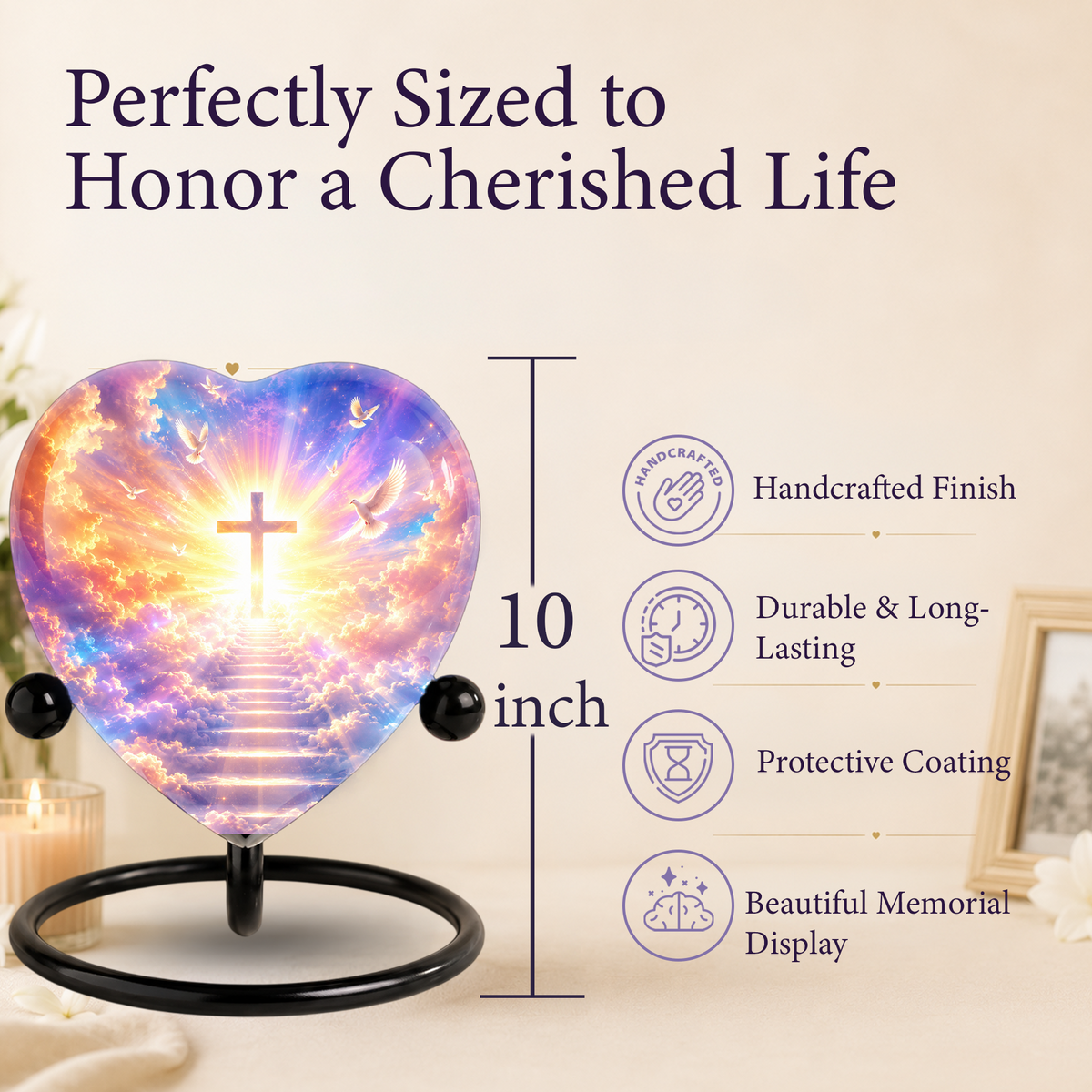Christian Cross Cremation Urn, Heavenly Memorial Urn, Heart-Shaped Adult Cremation Urn