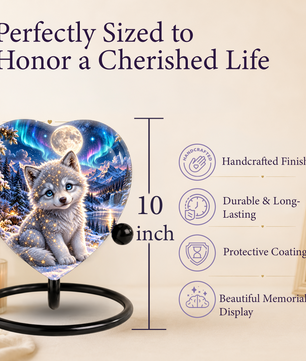 Heart Shaped Wolf Urn for Ashes, White Wolf Puppy Cremation Urn, Northern Lights Pet Memorial Urn