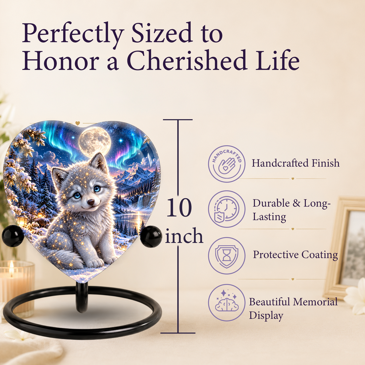 Heart Shaped Wolf Urn for Ashes, White Wolf Puppy Cremation Urn, Northern Lights Pet Memorial Urn