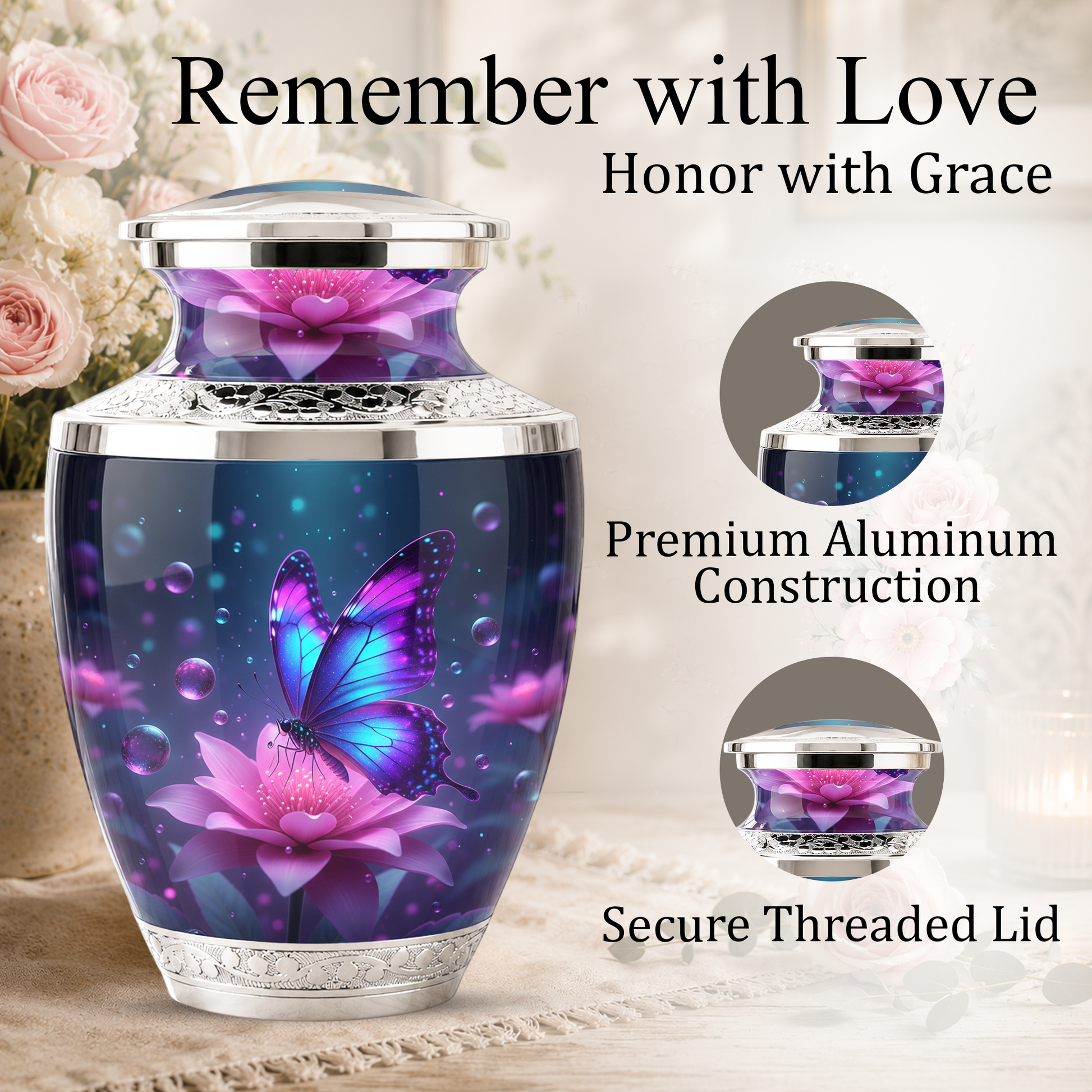 Blue Butterfly Cremation Urn for Mom, Flower Butterfly Personalized Urn for Human Ashes