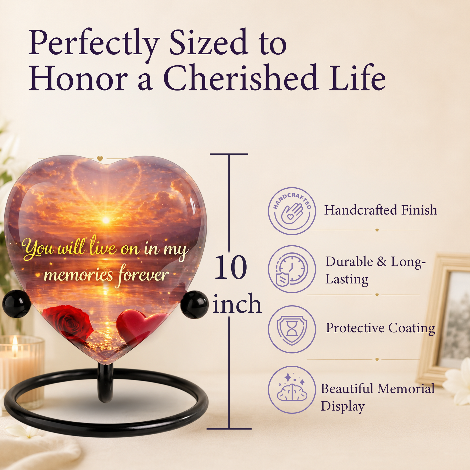 Heart-Shaped Sunset Memorial, Adult Cremation Urn, Adult Urns for Ashes, Romantic Keepsake Memorial