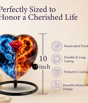 Heart Shaped Red Rose Urn for Ashes, Blue and Orange Flame Cremation Urn