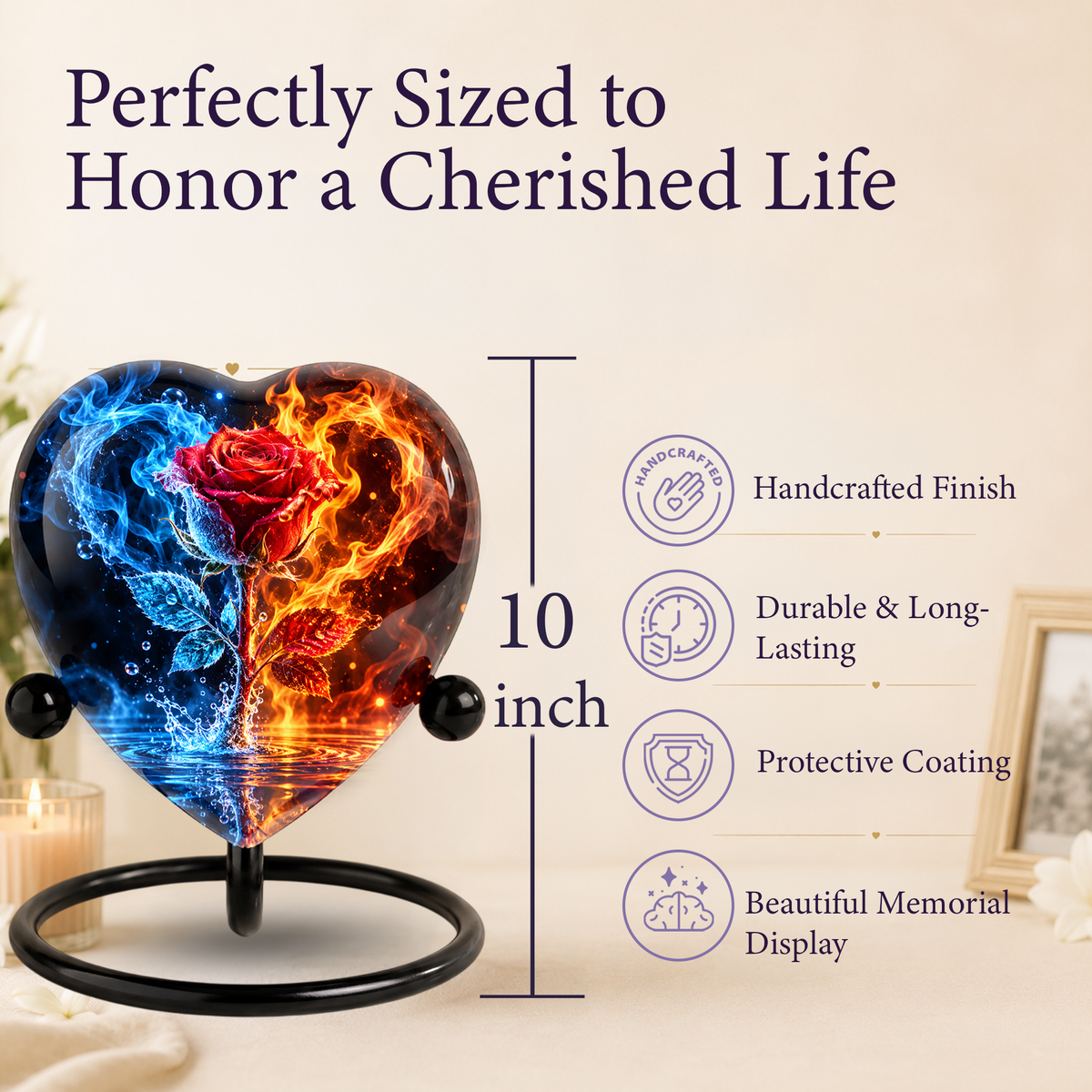 Heart Shaped Red Rose Urn for Ashes, Blue and Orange Flame Cremation Urn
