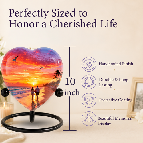 Adult Cremation Urn for Ashes, Heart Shaped Memorial Urn, Beach Sunset Couple Urn