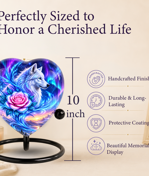 Heart Shaped White Wolf Urn for Ashes, Pink Rose Cremation Urn, Aurora Borealis Wolf Memorial Urn