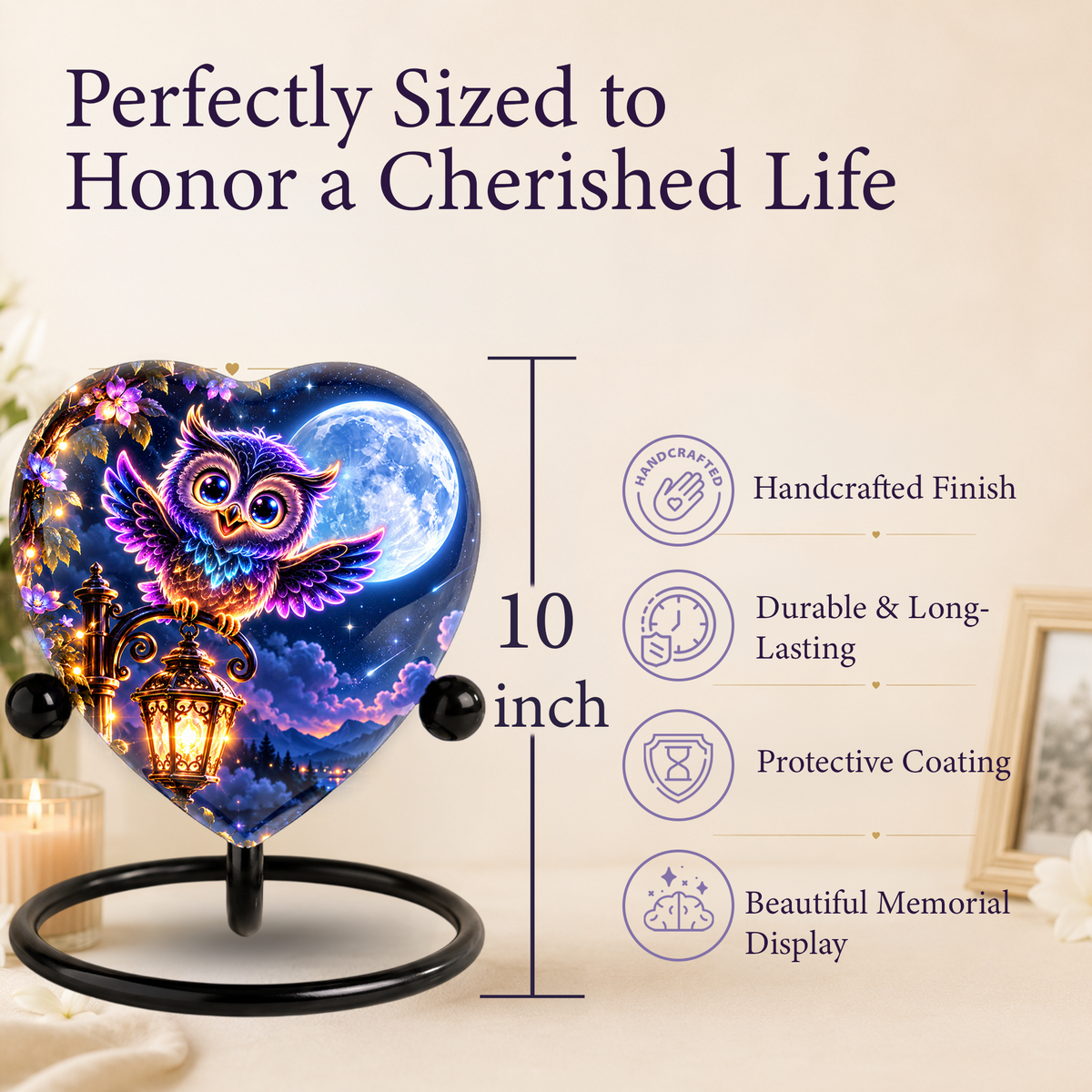 Heart-Shaped Owl Cremation Urn for Ashes – Personalized Night Sky Memorial Urn