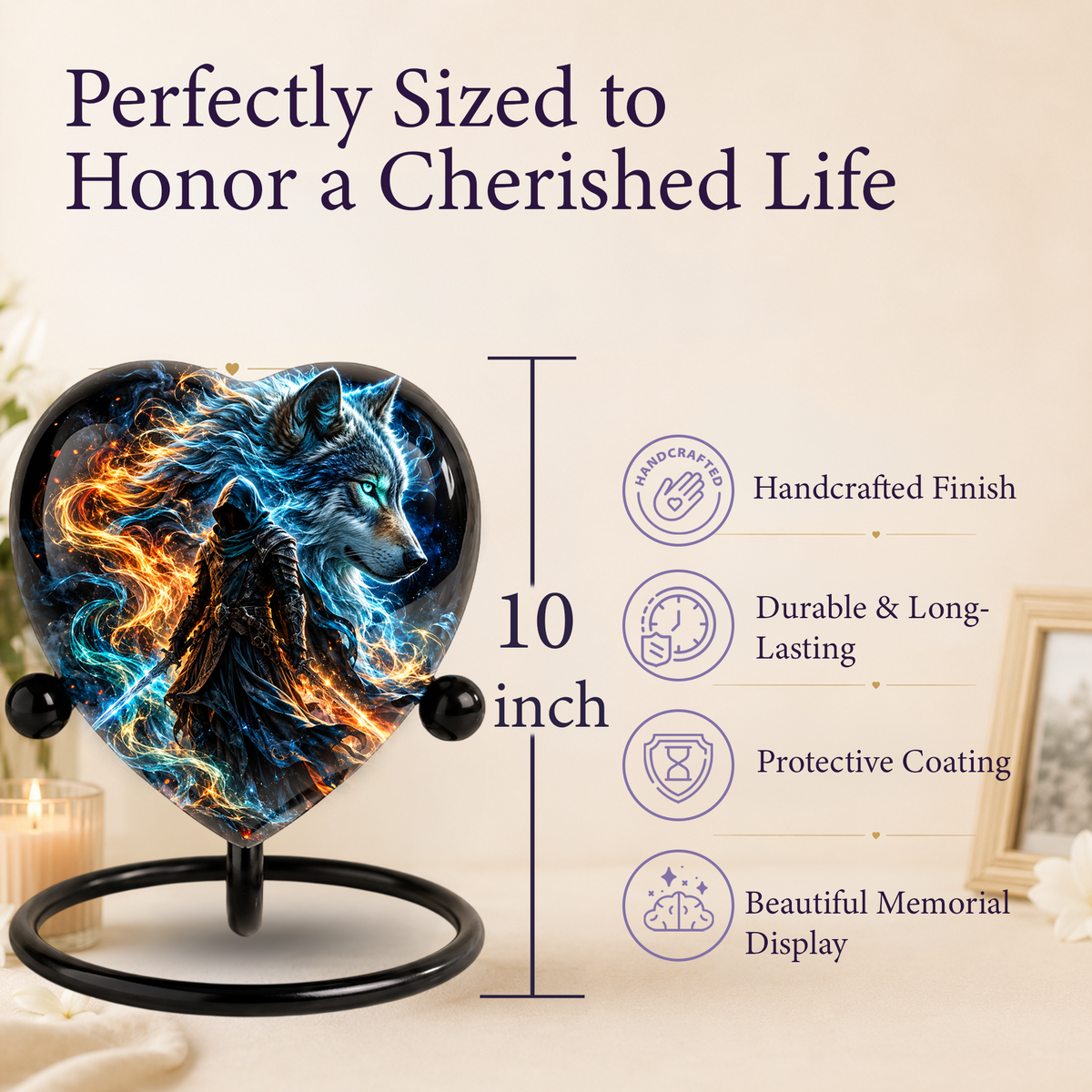 Wolf Warrior Heart Cremation Urn for Ashes, Personalized Adult Memorial Urn,