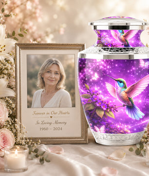 Purple Hummingbird Cremation Urn for Mom, Urn for Human Ashes, Memorial Urn for Mother