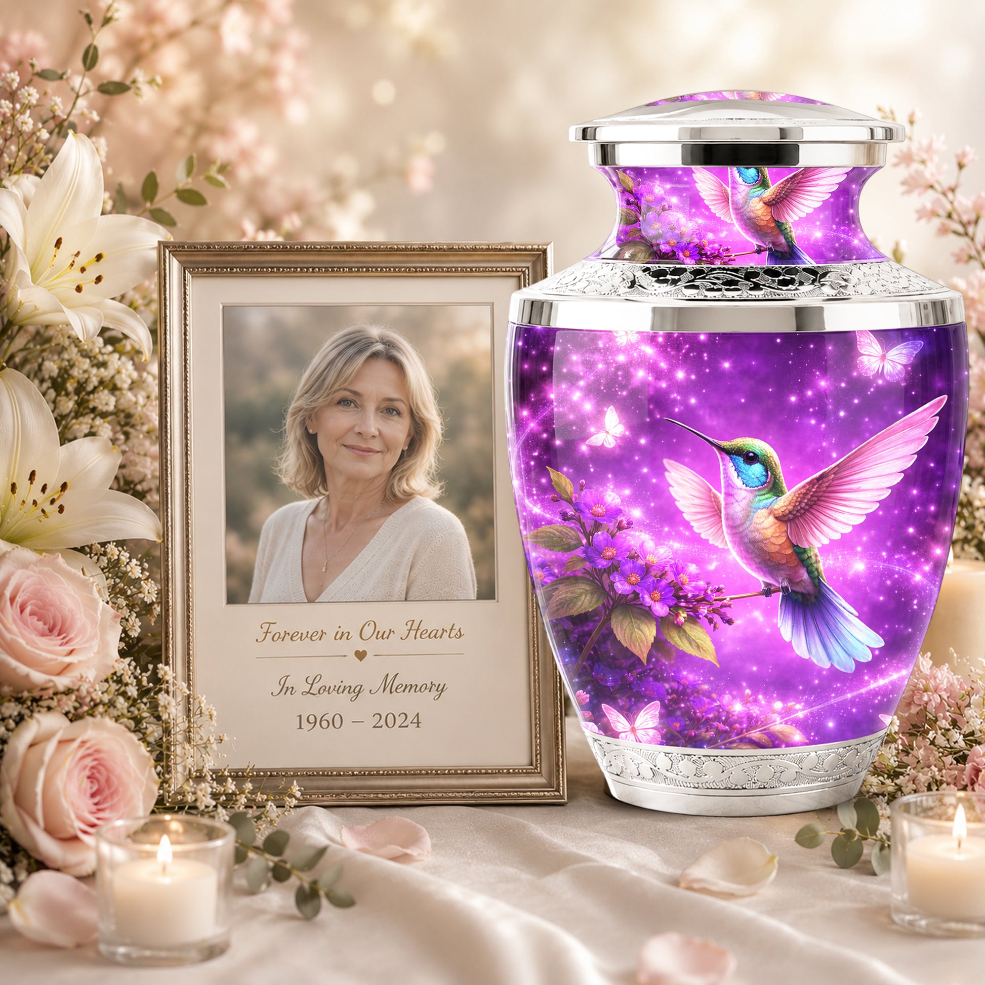 Purple Hummingbird Cremation Urn for Mom, Urn for Human Ashes, Memorial Urn for Mother