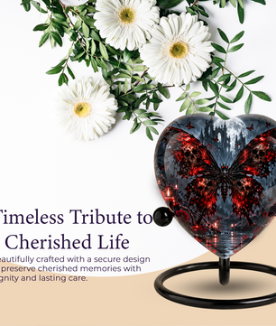 Gothic Butterfly Cremation Urn for Ashes, Skull Butterfly Urn, Red Black Gothic Memorial Urn, Halloween Heart Urn, Personalized Keepsake