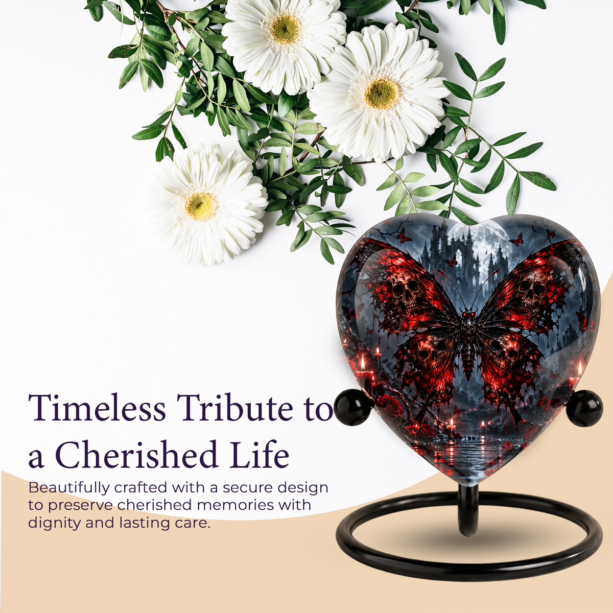 Gothic Butterfly Cremation Urn for Ashes, Skull Butterfly Urn, Red Black Gothic Memorial Urn, Halloween Heart Urn, Personalized Keepsake