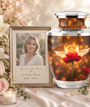 Red Rose Angel Cremation Urn for Ashes, Funeral Flower Memorial Urn for Adults