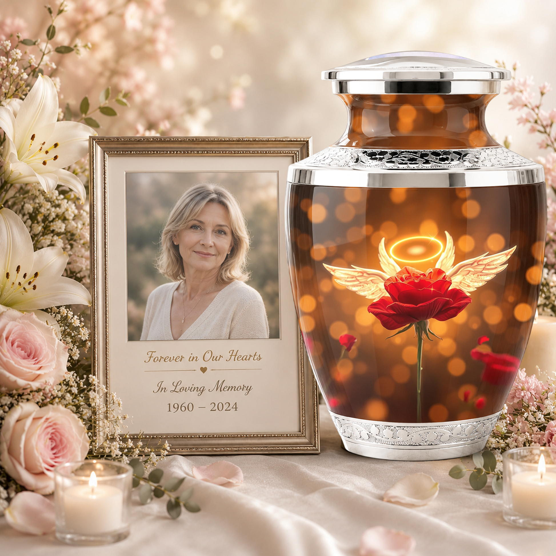 Red Rose Angel Cremation Urn for Ashes, Funeral Flower Memorial Urn for Adults