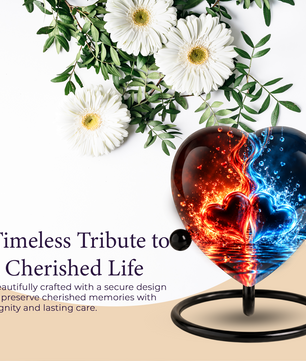 Heart Shaped Red and Blue Hearts Urn for Ashes, Flame Cremation Urn, Romantic Love Memorial Urn for Human Ashes