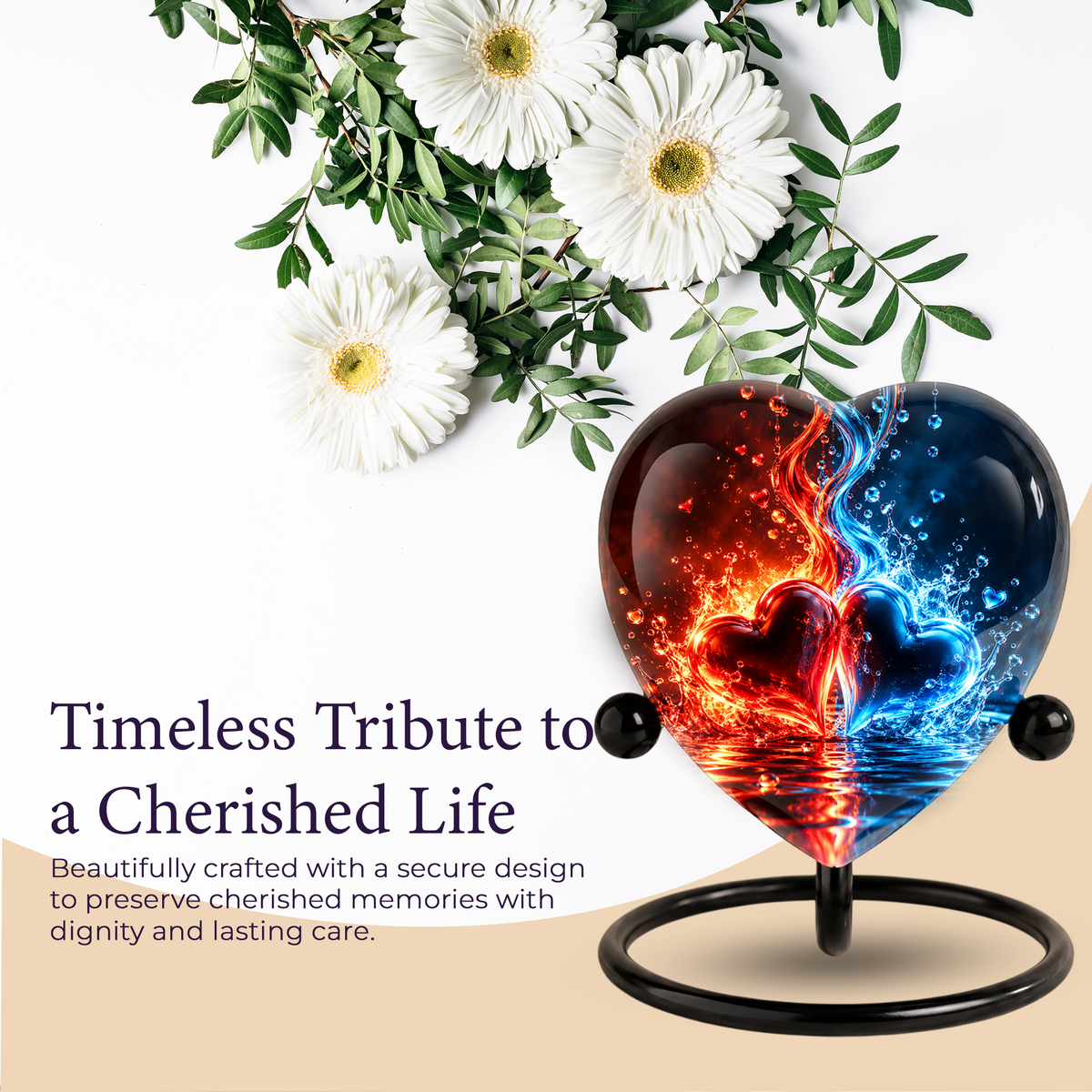 Heart Shaped Red and Blue Hearts Urn for Ashes, Flame Cremation Urn, Romantic Love Memorial Urn for Human Ashes