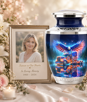 American Truck Cremation Urn for Dad, Truck Driver Patriotic Semi Truck Memorial Keepsake Urn