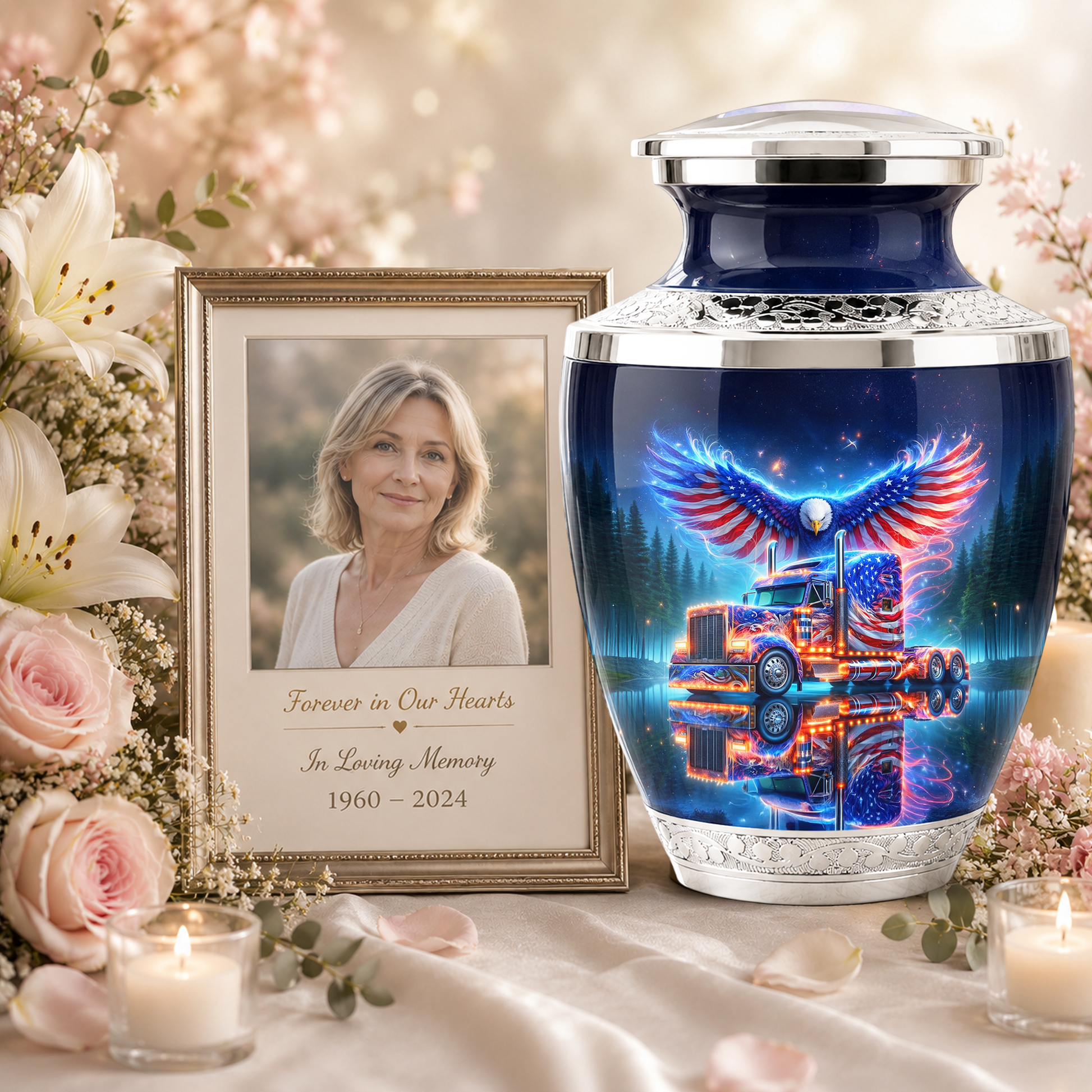 American Truck Cremation Urn for Dad, Truck Driver Patriotic Semi Truck Memorial Keepsake Urn