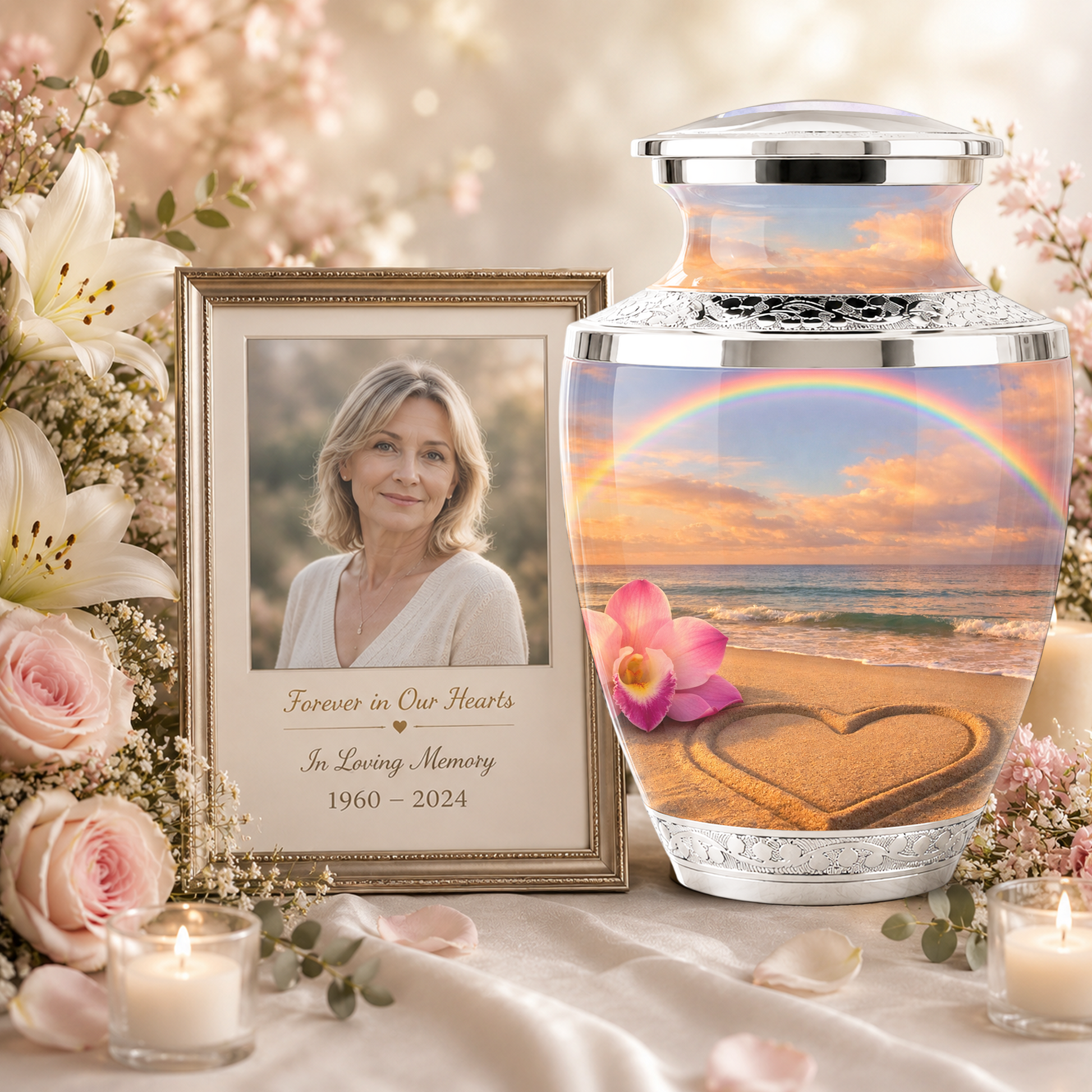 Rose Beach Heart Cremation Urn for Human Ashes, Personalized Rainbow Urns