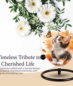 Personalized Cat Urn for Ashes – Autumn Kitten Butterfly Memorial Pet Urn