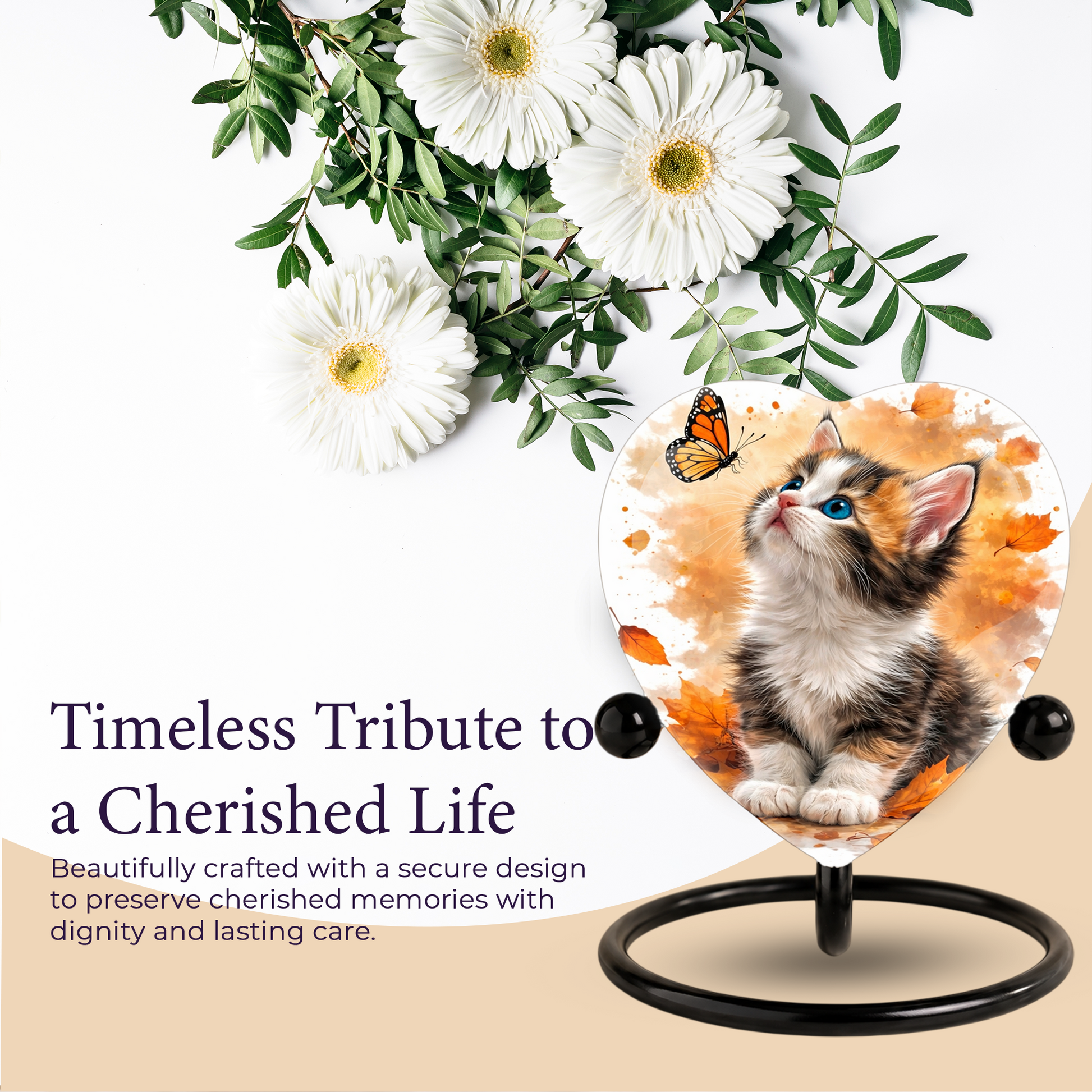 Personalized Cat Urn for Ashes – Autumn Kitten Butterfly Memorial Pet Urn