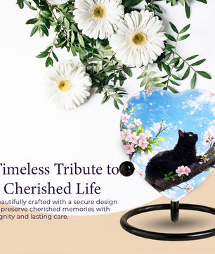 Black Cat Cherry Blossom Heart Memorial Urn – Personalised Cat Urn for Ashes,Cat Memorial Keepsake