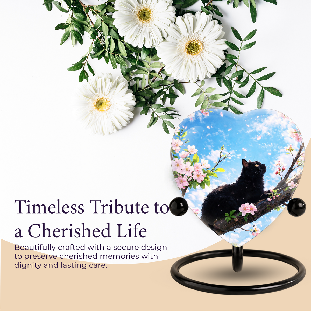 Black Cat Cherry Blossom Heart Memorial Urn – Personalised Cat Urn for Ashes,Cat Memorial Keepsake