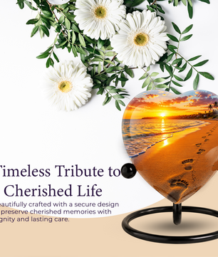 Beach Heart-Shaped Adult Cremation Urn – Beach Urn for Adult Ashes with Sunset Ocean