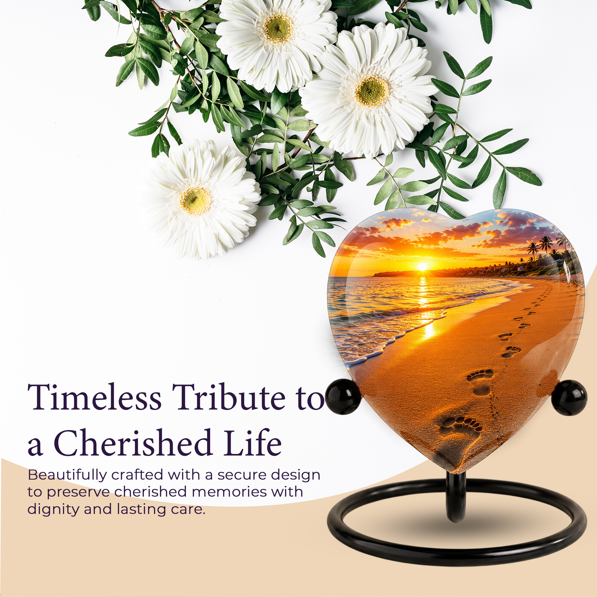 Beach Heart-Shaped Adult Cremation Urn – Beach Urn for Adult Ashes with Sunset Ocean