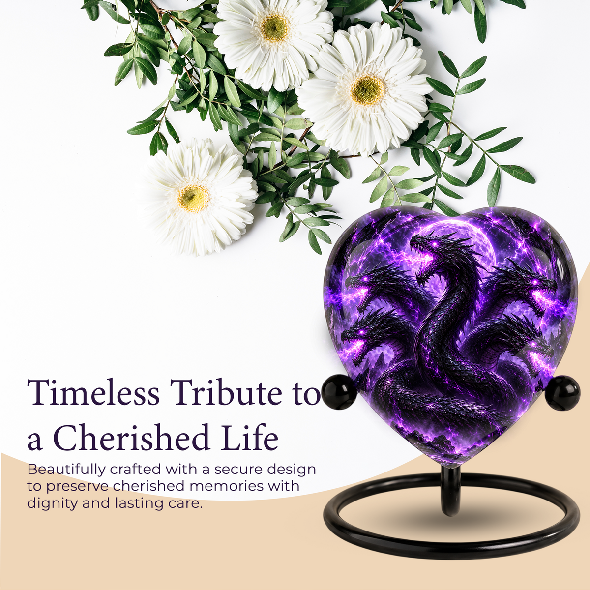 Five Headed Dragon Adult Cremation Urn for Ashes, Purple Dragon Memorial Urn, Fantasy Dragon Urn, Personalized Heart Shaped Adult Urn