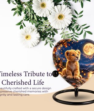 Lion Cub Adult Urn for Ashes, Baby Lion Memorial Urn, Golden Moon and Mountain Cremation Urn