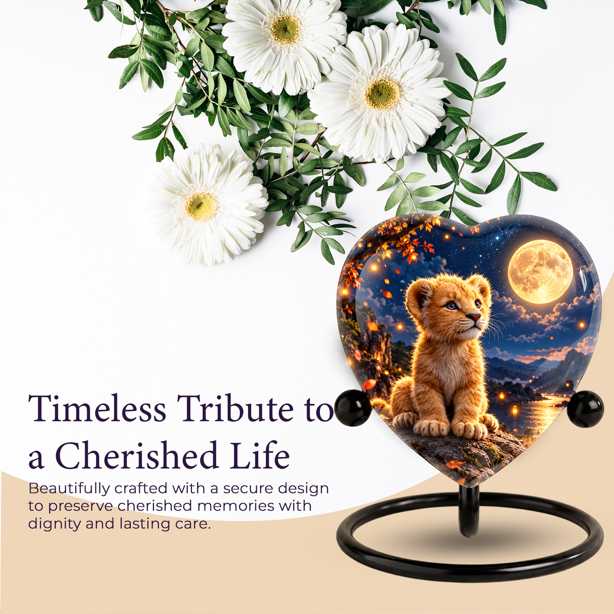 Lion Cub Adult Urn for Ashes, Baby Lion Memorial Urn, Golden Moon and Mountain Cremation Urn