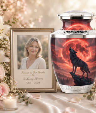 Howling Wolf Cremation Urn for Men, Red Moon Custom Memorial Urn for Father
