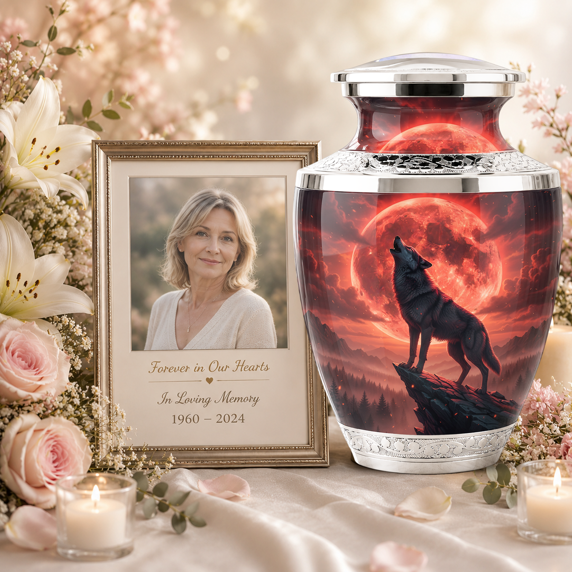 Howling Wolf Cremation Urn for Men, Red Moon Custom Memorial Urn for Father